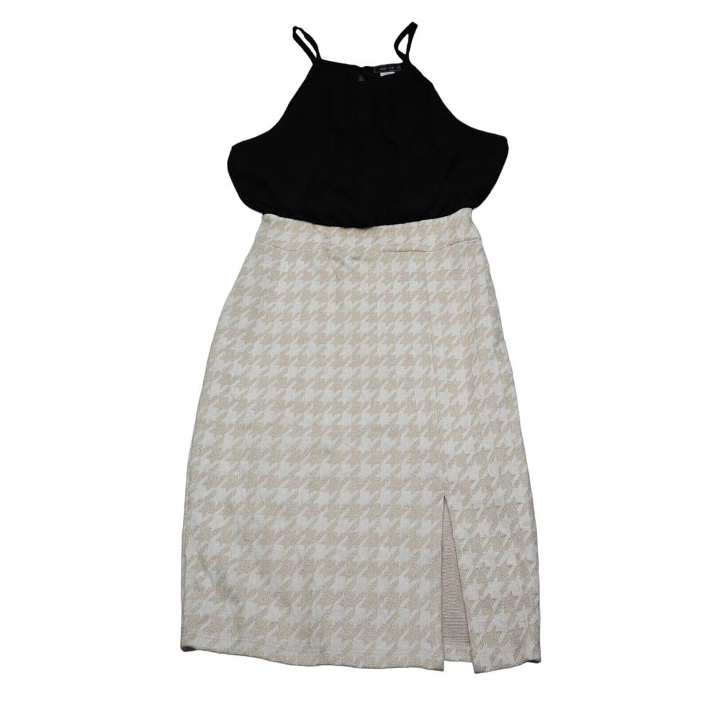 Kimcine Dress Womens L Black Beige Houndstooth Sleeveless Halter Neck Side Slit